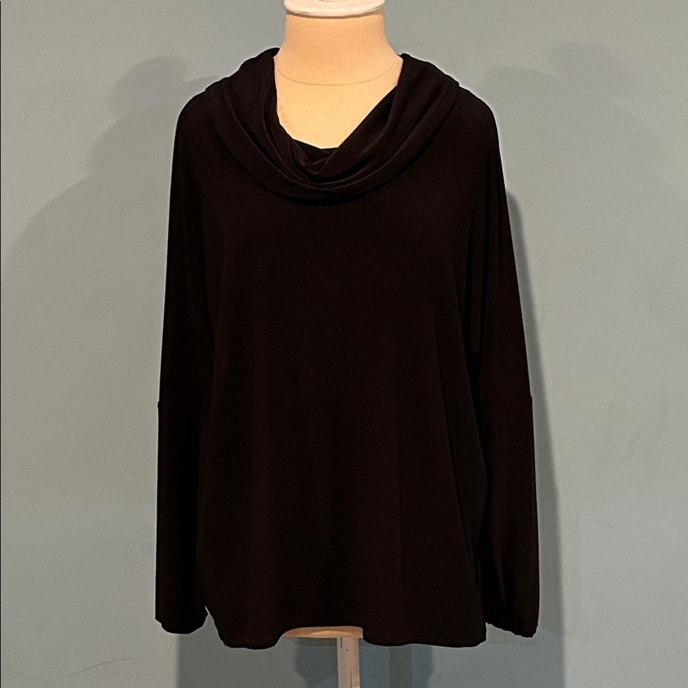 Compli K Cowl Neck Top With Back Buttons size Large Black 3/4 Sleeves